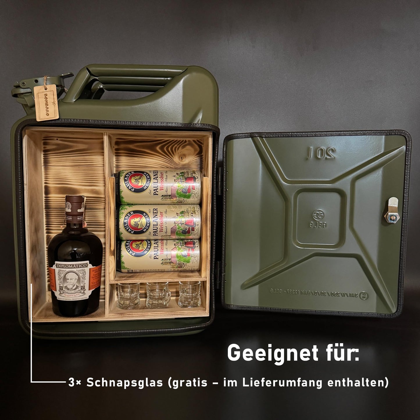 Bombaro 20L Kanister Bar mit Gravur I 3 Gläser GRATIS I Jerrycan I Mobile Kanister Bar Geschenk I Abschließbare Minibar