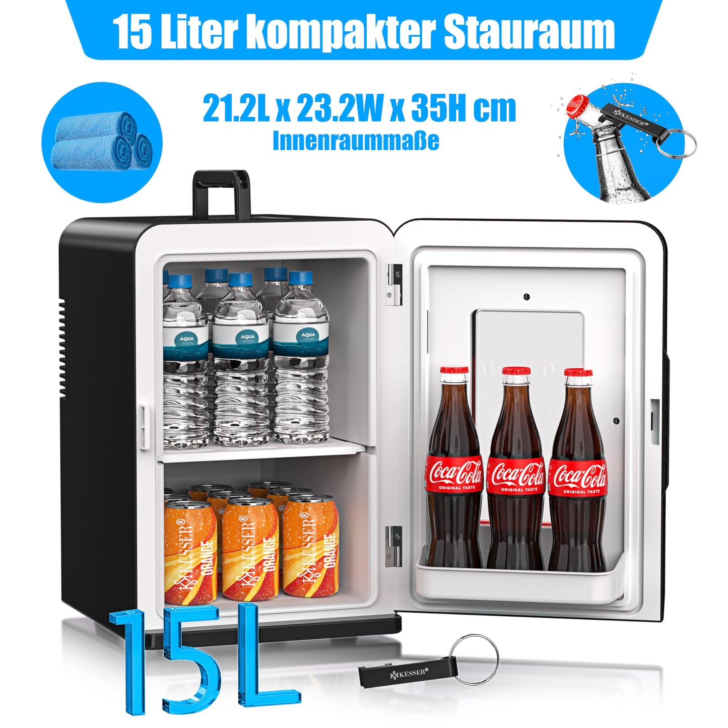 KESSER® 2in1 Mini Kühlschrank Kühlbox 15 Liter Kühl und Heizfunktion Tragbarer AC DC 220-240V/12V Steckdose und Zigarettenanzünder Warmhaltebox Thermobox Auto Büros Zimmer Camping Garten Schwarz