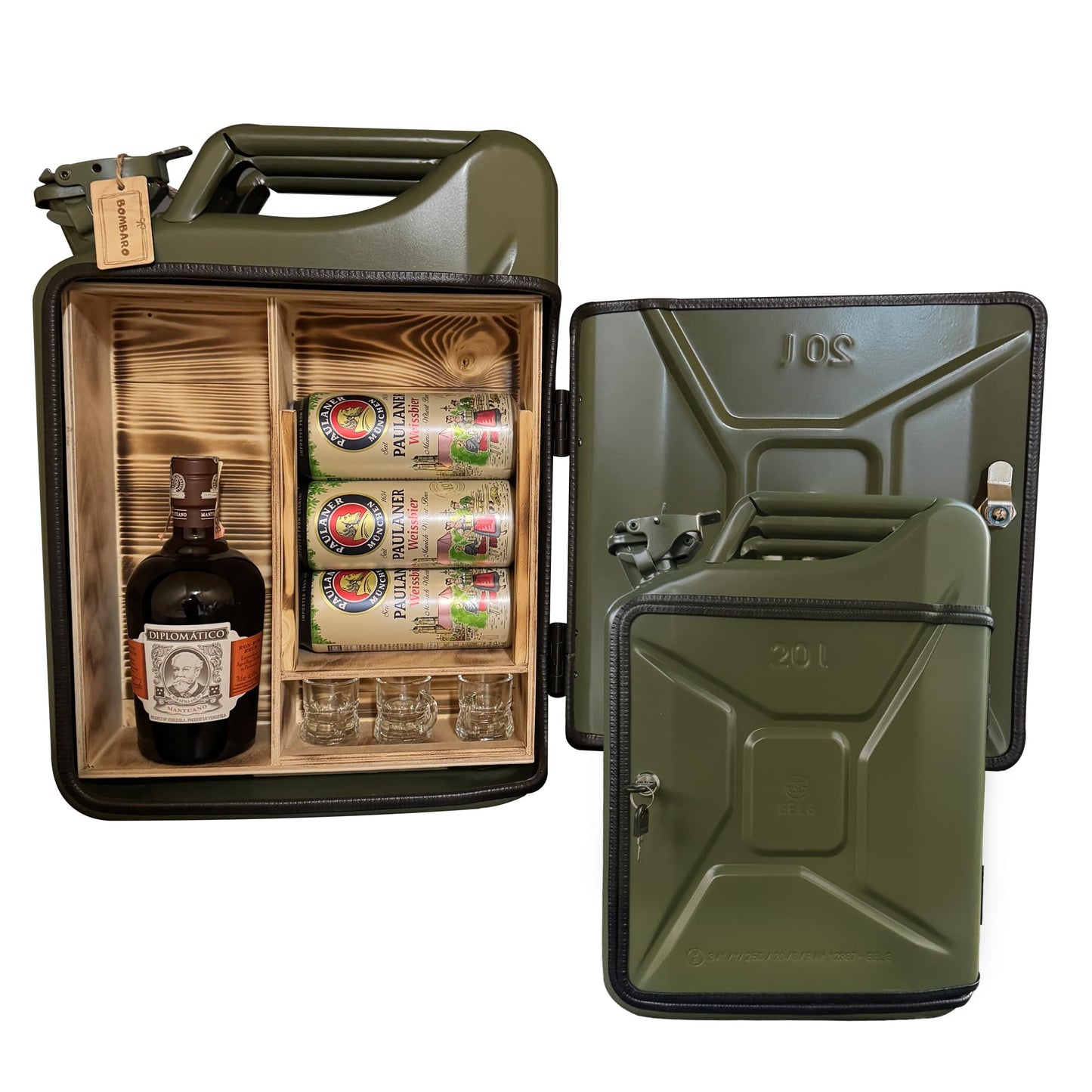 Bombaro 20L Kanister Bar mit Gravur I 3 Gläser GRATIS I Jerrycan I Mobile Kanister Bar Geschenk I Abschließbare Minibar
