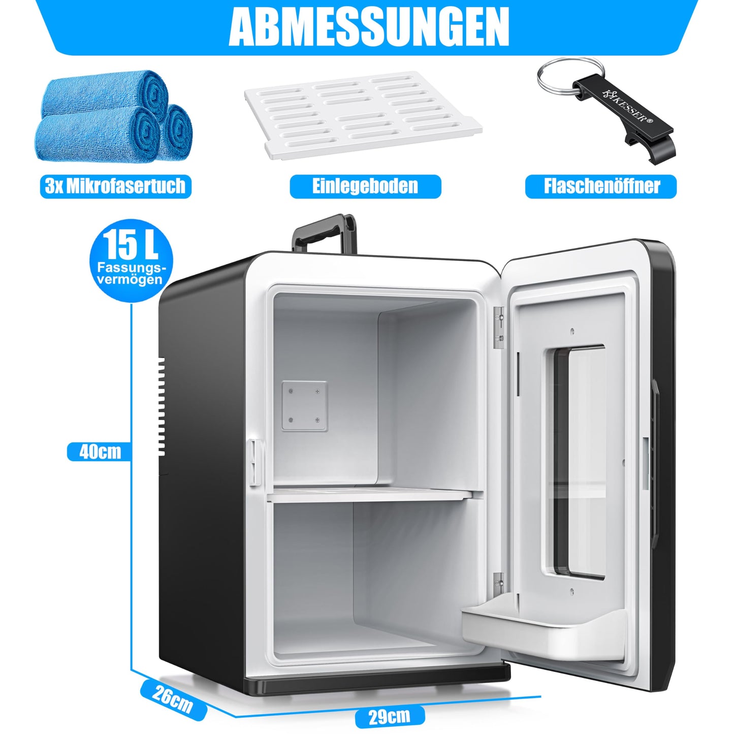 KESSER® 2in1 Mini Kühlschrank Kühlbox 15 Liter Kühl und Heizfunktion Tragbarer AC DC 220-240V/12V Steckdose und Zigarettenanzünder Warmhaltebox Thermobox Auto Büros Zimmer Camping Garten Schwarz