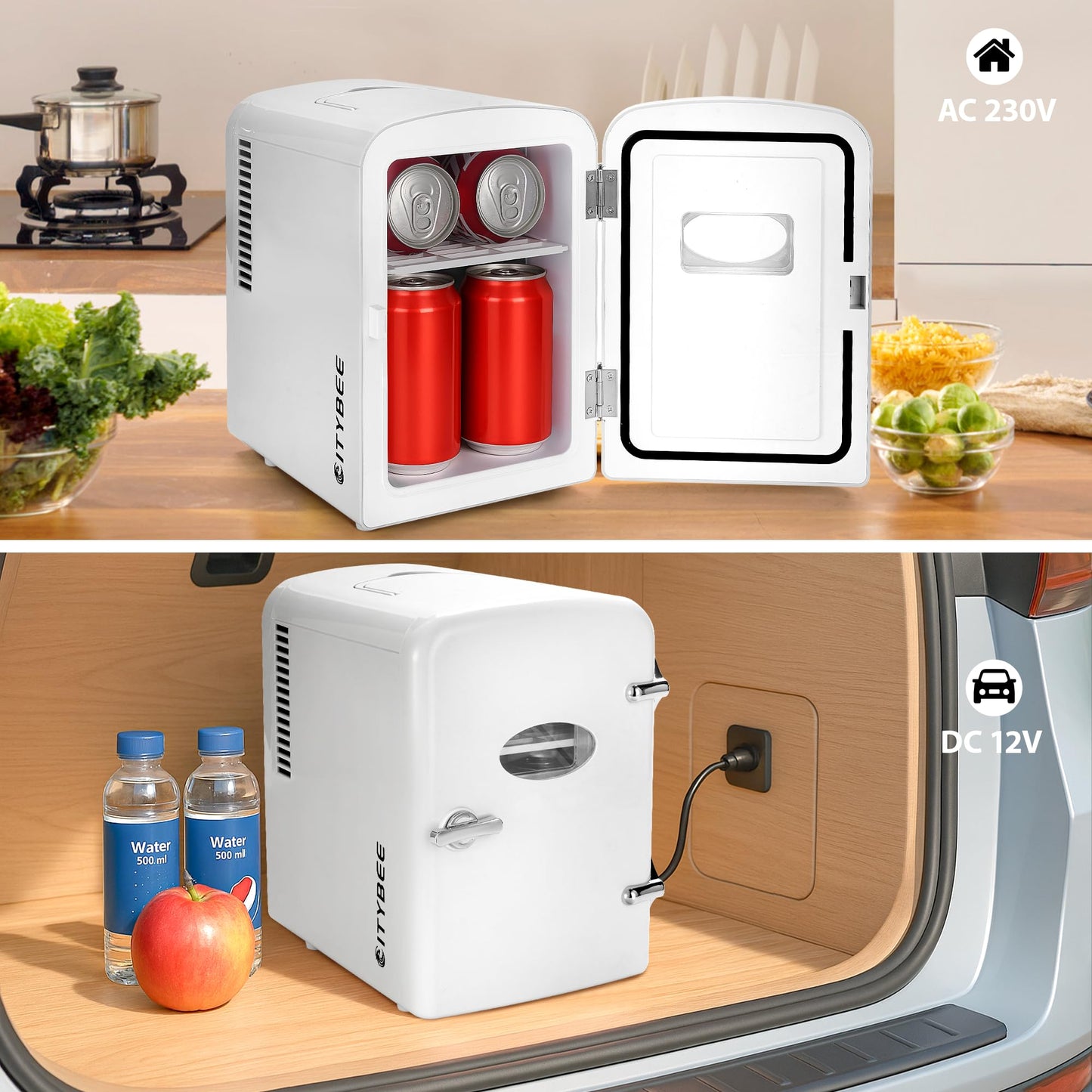 Citybee Mini Kühlschrank Fridge 4L - Kühlschränke klein 12V 230V Läuft Leise Geeignet für Getränke Kosmetik Essen - Minikühlschrank ideal für Auto Zimmer Camping Wohnmobil Büro und Reisen (Weiß)