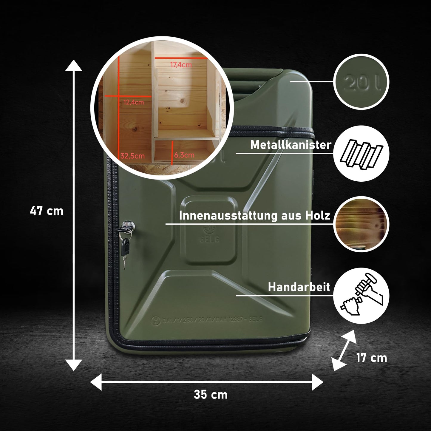 Bombaro 20L Kanister Bar mit Gravur I 3 Gläser GRATIS I Jerrycan I Mobile Kanister Bar Geschenk I Abschließbare Minibar