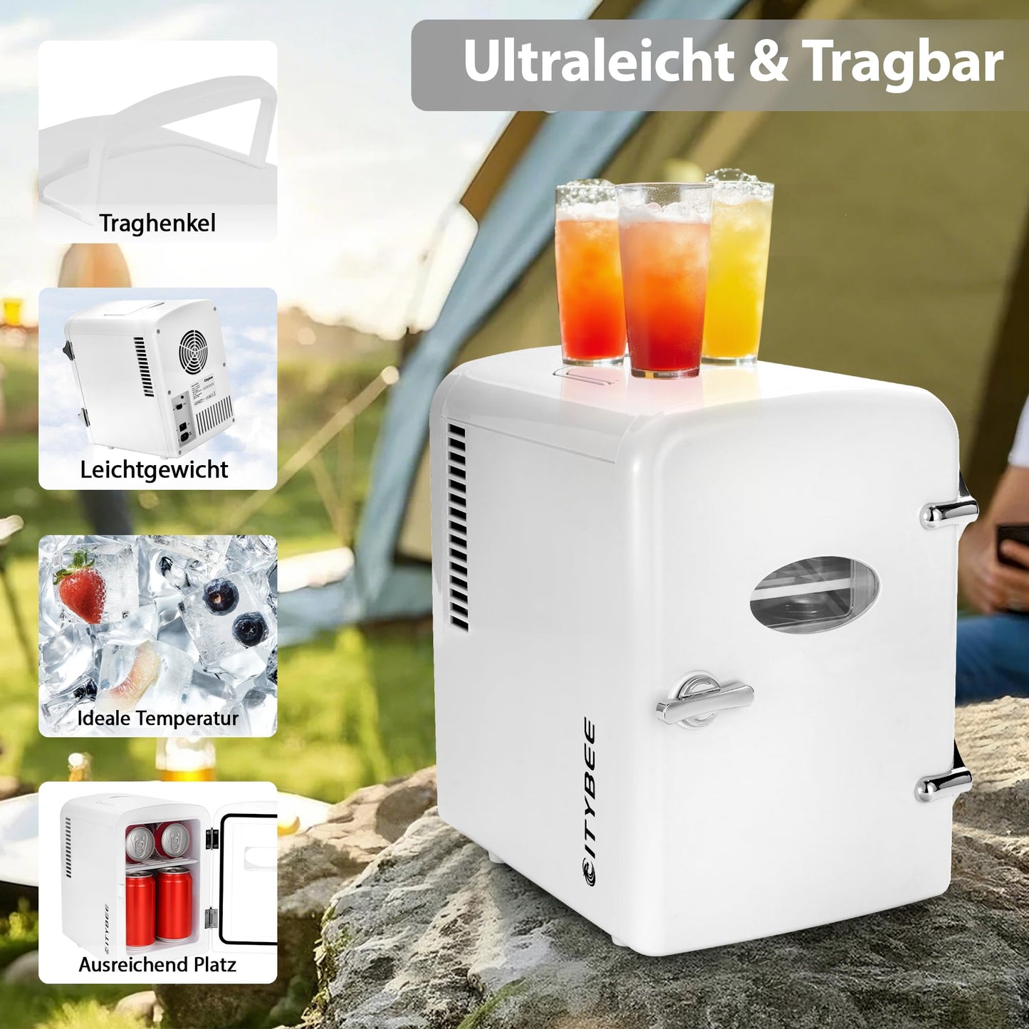 Citybee Mini Kühlschrank Fridge 4L - Kühlschränke klein 12V 230V Läuft Leise Geeignet für Getränke Kosmetik Essen - Minikühlschrank ideal für Auto Zimmer Camping Wohnmobil Büro und Reisen (Weiß)