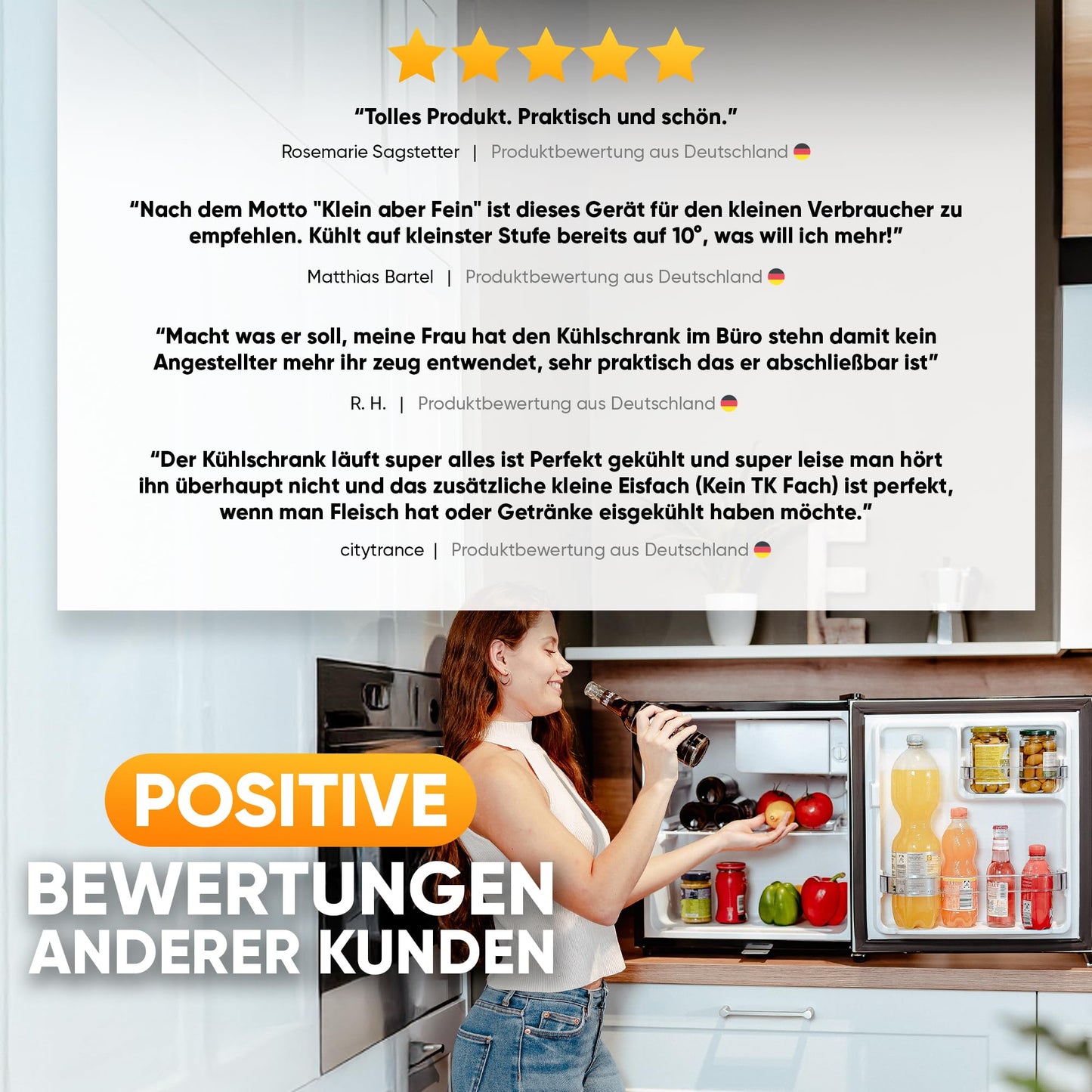 Stillstern Mini Kühlschrank E 45L mit Abtauautomatik, Schloss, Frostfach, Leise, Ideal für Küche, Büro, Schlafzimmer, Hotels und kleine Wohnungen Kühlschrank klein Minibar Getränkekühlschrank