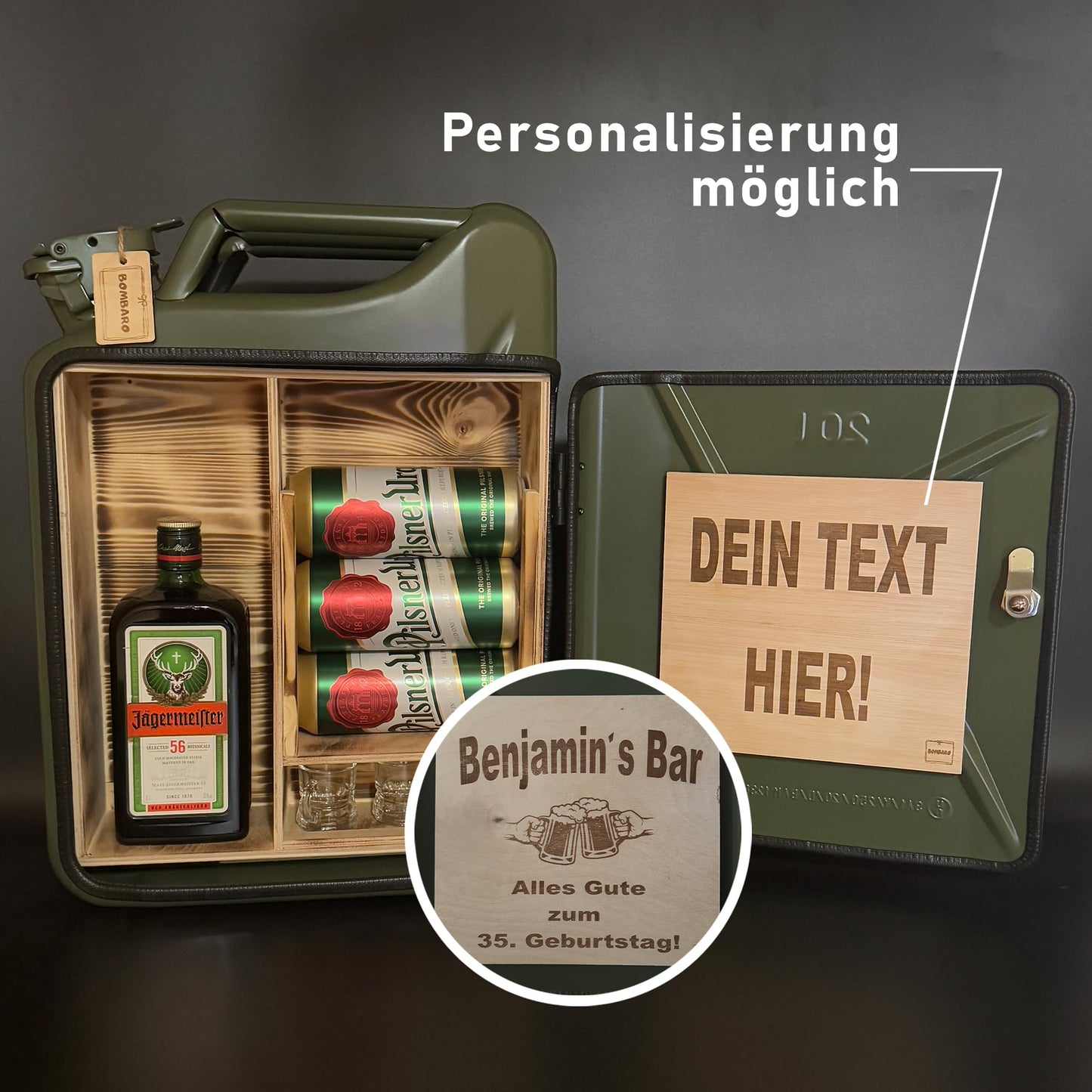 Bombaro 20L Kanister Bar mit Gravur I 3 Gläser GRATIS I Jerrycan I Mobile Kanister Bar Geschenk I Abschließbare Minibar