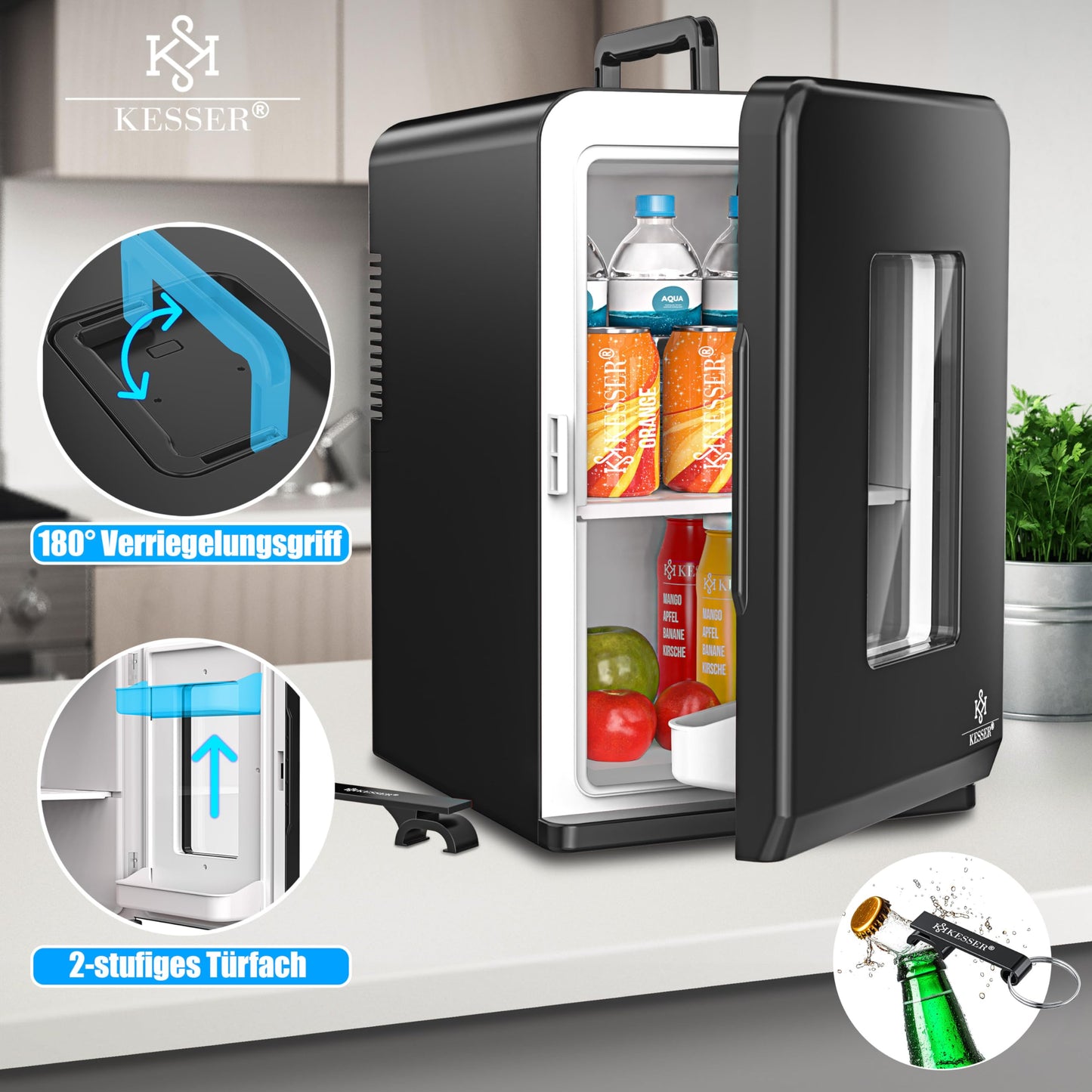 KESSER® 2in1 Mini Kühlschrank Kühlbox 15 Liter Kühl und Heizfunktion Tragbarer AC DC 220-240V/12V Steckdose und Zigarettenanzünder Warmhaltebox Thermobox Auto Büros Zimmer Camping Garten Schwarz