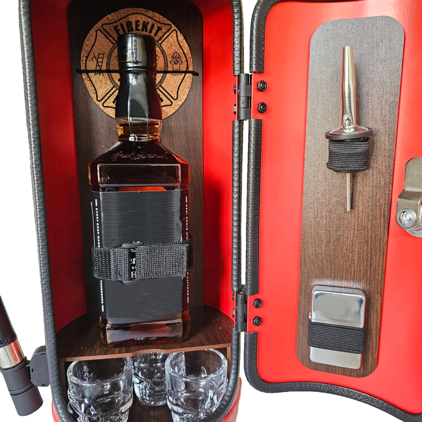 Feuerlöscher Minibar FEUERWEHRLER mit 7-teiligem Zubehör-Set inkl. 3 Schnapsgläser, Whiskysteine, Schnapsausgießer, Feuerzeug und Korkuntersetzer