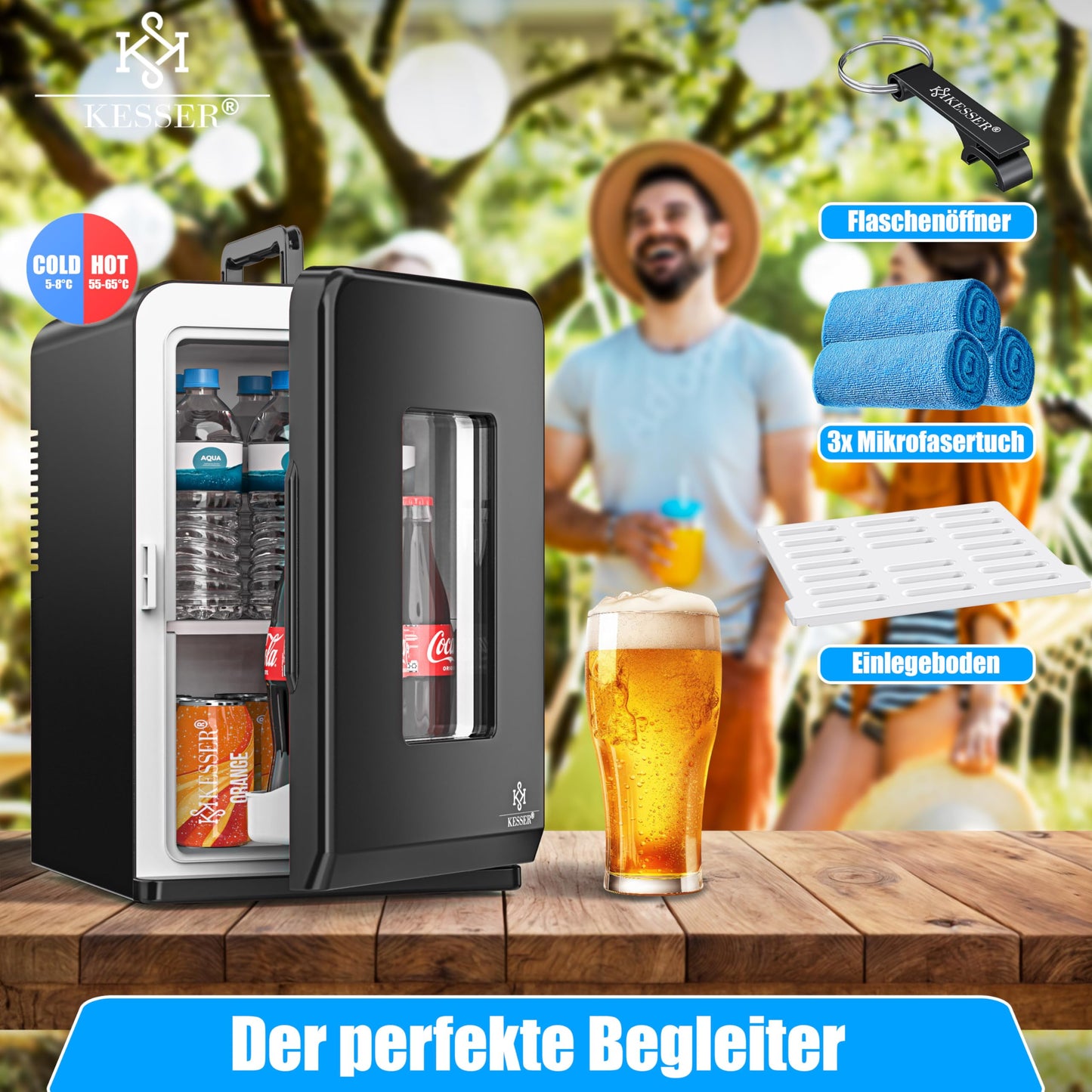 KESSER® 2in1 Mini Kühlschrank Kühlbox 15 Liter Kühl und Heizfunktion Tragbarer AC DC 220-240V/12V Steckdose und Zigarettenanzünder Warmhaltebox Thermobox Auto Büros Zimmer Camping Garten Schwarz