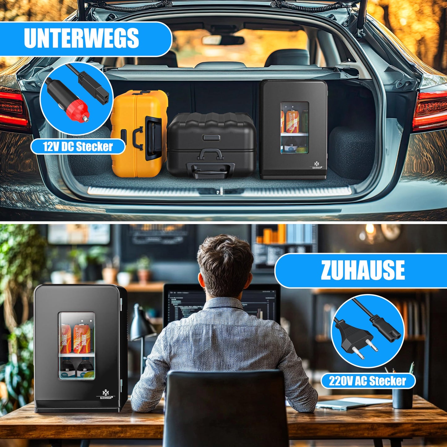 KESSER® 2in1 Mini Kühlschrank Kühlbox 15 Liter Kühl und Heizfunktion Tragbarer AC DC 220-240V/12V Steckdose und Zigarettenanzünder Warmhaltebox Thermobox Auto Büros Zimmer Camping Garten Schwarz