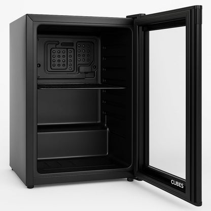 °CUBES Mini Kühlschrank schwarz 48L | Leise & energieeffizient | Kompakter Getränkekühlschrank mit Glastür – Perfekt für Büro, Gaming & Camping | Kleiner Kühlschrank mini fridge