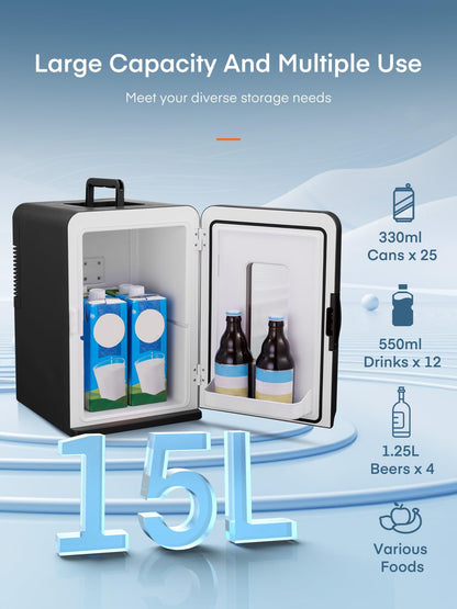 FOHERE 2 in 1 Mini Kühlschrank, 15L Kühlschrank für Zimmer mit Kühl- und Heizfunktion, DC/AC für Autos, Büros und Wohnheim, ECO-Low-Noise-Modus, für Kosmetik und Getränke, Schwarz