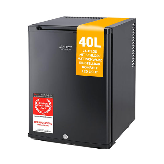 TZS First Austria - Mini Kühlschrank 40L lautlos & abschließbar - Kleiner Minikühlschrank, wechselbarer Türanschlag & Innenbeleuchtung - Minibar für Camping, Büro, Schlafzimmer & Hotel - Mattschwarz