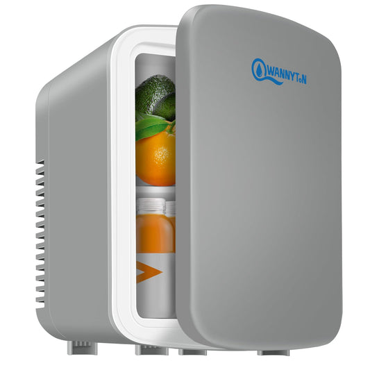 WANNYTON Mini Kühlschrank 4 Liter / 6 Dosen, tragbarer kleiner Kühlschränke mit Kühl- und Heizfunktion, Getränkekühlschrank für Zimmer Auto Büro, AC 220-240 V, DC 12 V, Grau