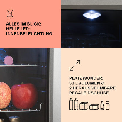Klarstein Mini Kühlschrank 33 L – Leise, Glastür, Verstellbare Ablagen