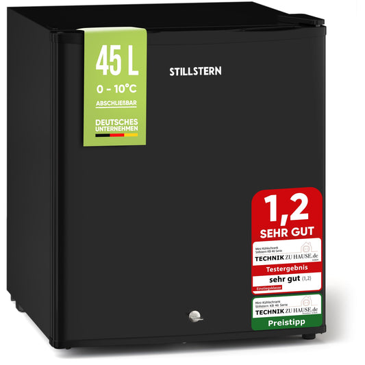 Stillstern Mini Kühlschrank E 45L mit Abtauautomatik, Schloss, Frostfach, Leise, Ideal für Küche, Büro, Schlafzimmer, Hotels und kleine Wohnungen Kühlschrank klein Minibar Getränkekühlschrank