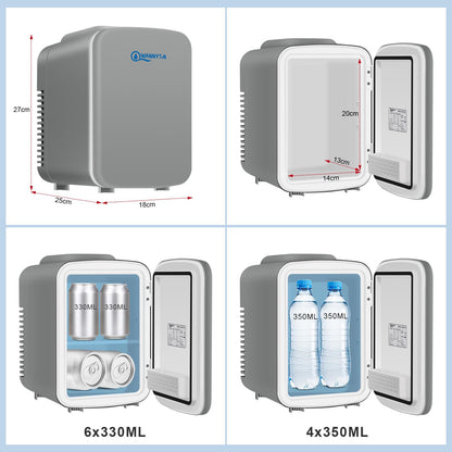 WANNYTON Mini Kühlschrank 4 Liter / 6 Dosen, tragbarer kleiner Kühlschränke mit Kühl- und Heizfunktion, Getränkekühlschrank für Zimmer Auto Büro, AC 220-240 V, DC 12 V, Grau