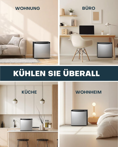 Upstreman 46L Mini Kühlschrank mit Eisfach, Temperaturregelung, energiesparend, leise, eintüriger Getränkekühlschrank, perfekt für Wohnheim, Küche, Büro, Schlafzimmer, Edelstahl-FR17