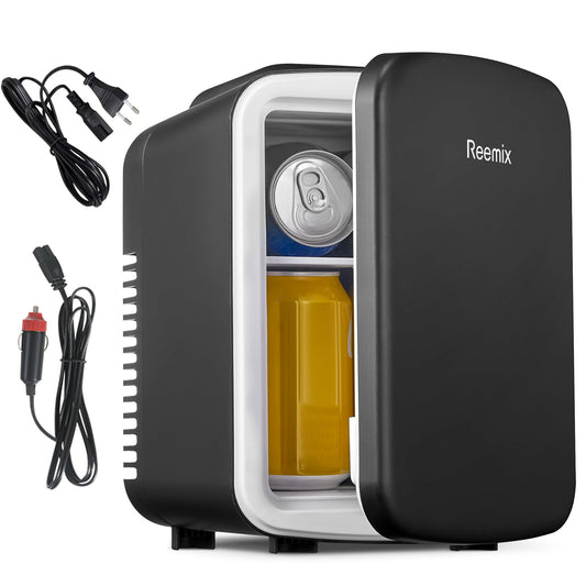 Reemix Mini-Kühlschrank, 4 Liter/6 Dosen, tragbarer Kühler und Wärmer persönlicher Kühlschrank für Hautpflege, Kosmetik, Getränke, Lebensmittel, ideal für Schlafzimmer, Büro, Auto (Schwarz)