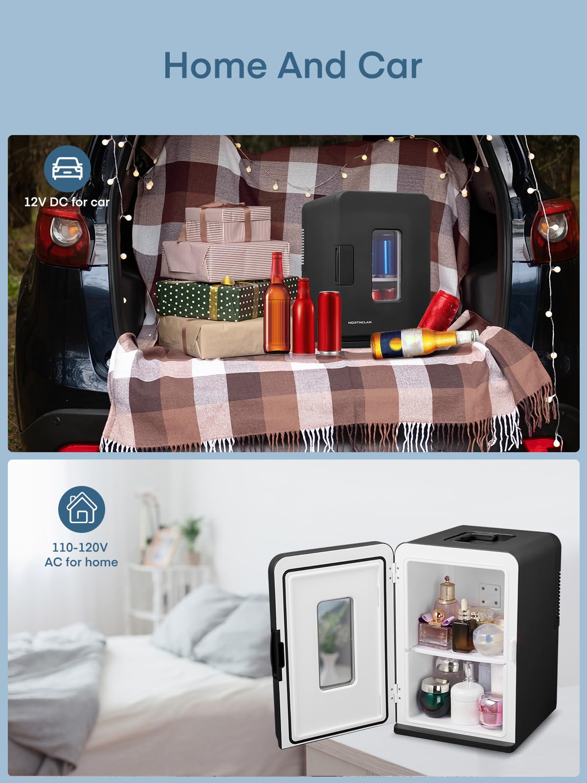 FOHERE 2 in 1 Mini Kühlschrank, 15L Kühlschrank für Zimmer mit Kühl- und Heizfunktion, DC/AC für Autos, Büros und Wohnheim, ECO-Low-Noise-Modus, für Kosmetik und Getränke, Schwarz
