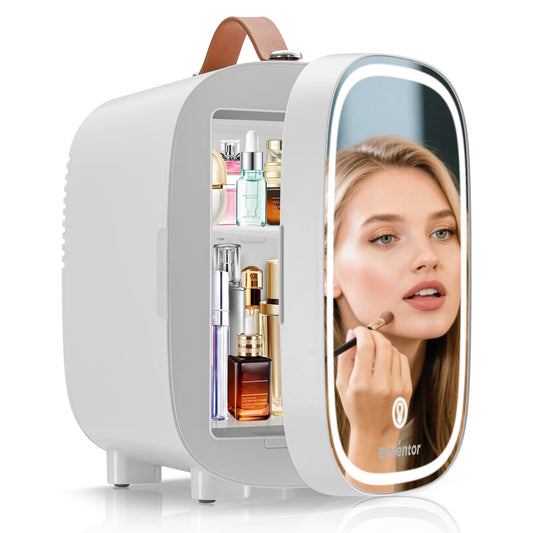 Enventor Mini-Kühlschrank 4L/6 Dosen, Kosmetik Kühlschrank mit Dimmbarem LED-Lichtspiegel, AC+12V DC, Kühler & Wärmer für Schlafzimmer, Zuhause, Auto/Hautpflege und Lebensmittel, Weiß