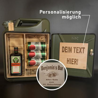 Bombaro 20L Kanister Bar mit Gravur I 3 Gläser GRATIS I Jerrycan I Mobile Kanister Bar Geschenk I Abschließbare Minibar