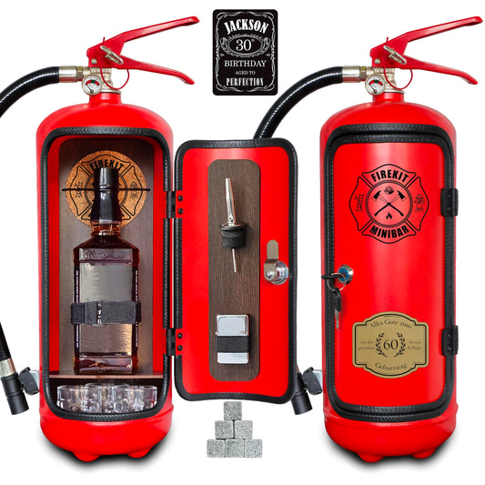 Feuerlöscher Minibar FEUERWEHRLER mit 7-teiligem Zubehör-Set inkl. 3 Schnapsgläser, Whiskysteine, Schnapsausgießer, Feuerzeug und Korkuntersetzer